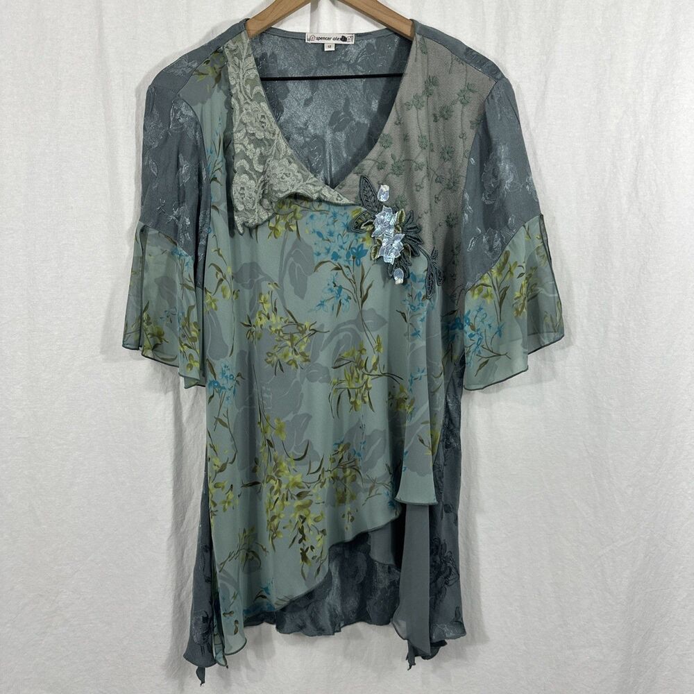 Spencer Alexis Vtg Blue Green Mixed Media Flowy Boho Artsy Whimsy Top Sz 12